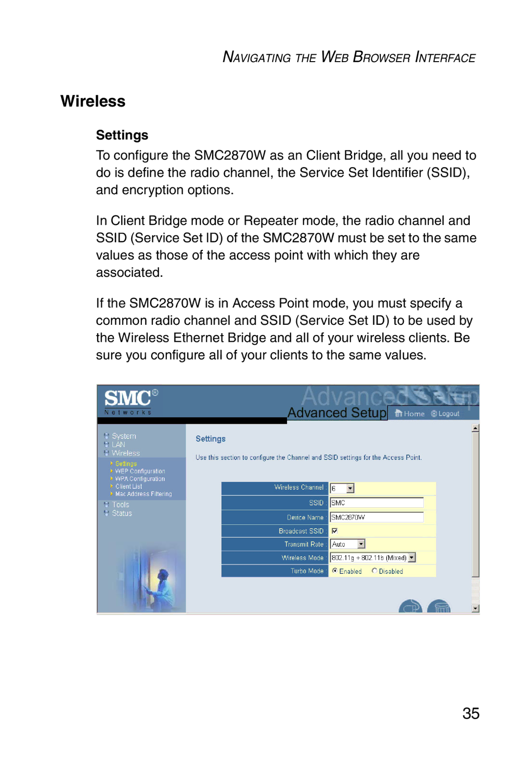 SMC Networks SMC2870W manual Wireless, Settings 