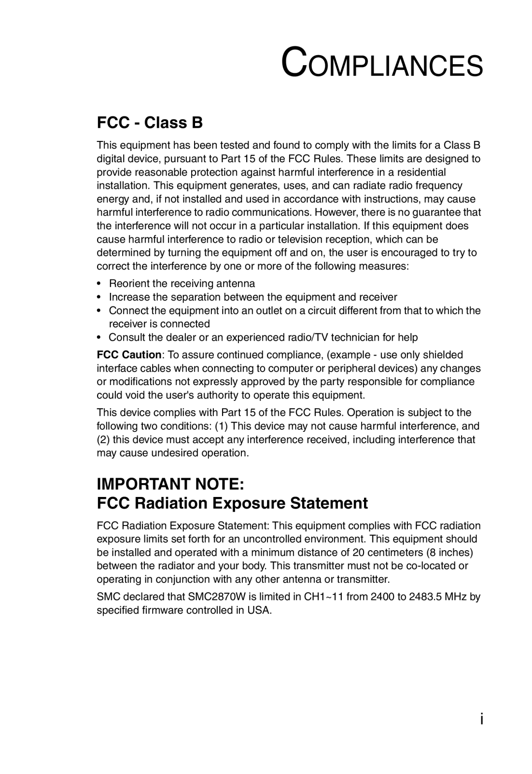 SMC Networks SMC2870W manual Compliances, FCC Class B, FCC Radiation Exposure Statement 