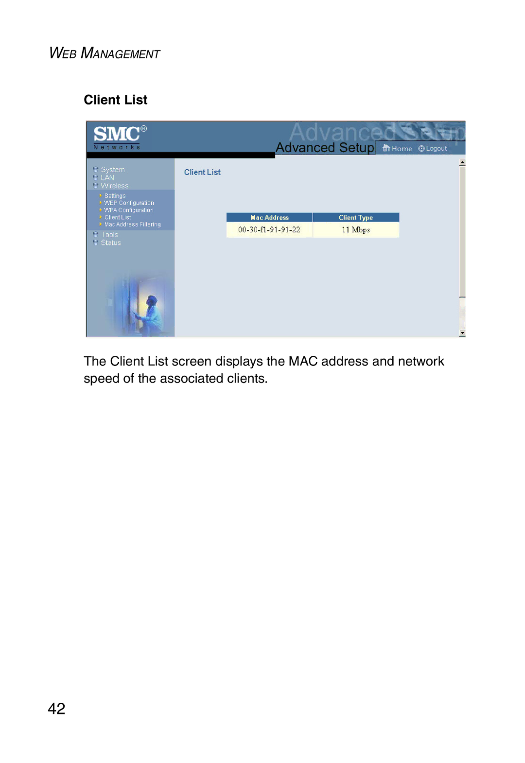 SMC Networks SMC2870W manual Client List 