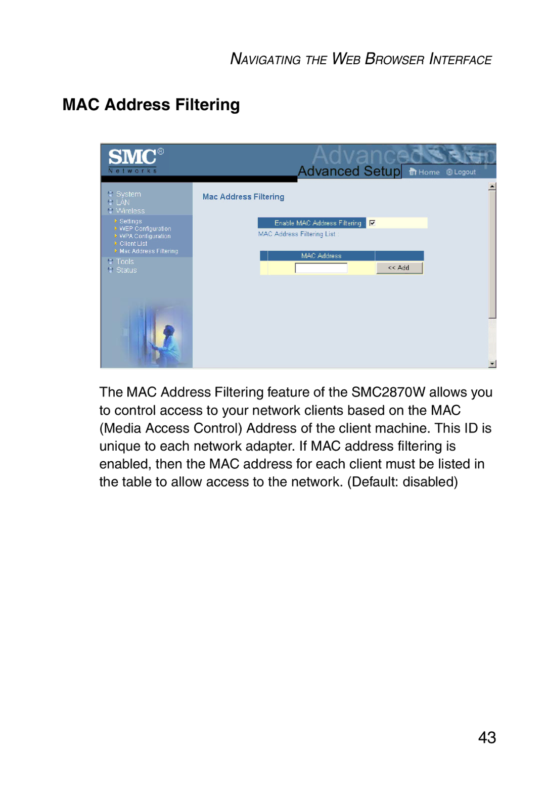 SMC Networks SMC2870W manual MAC Address Filtering 