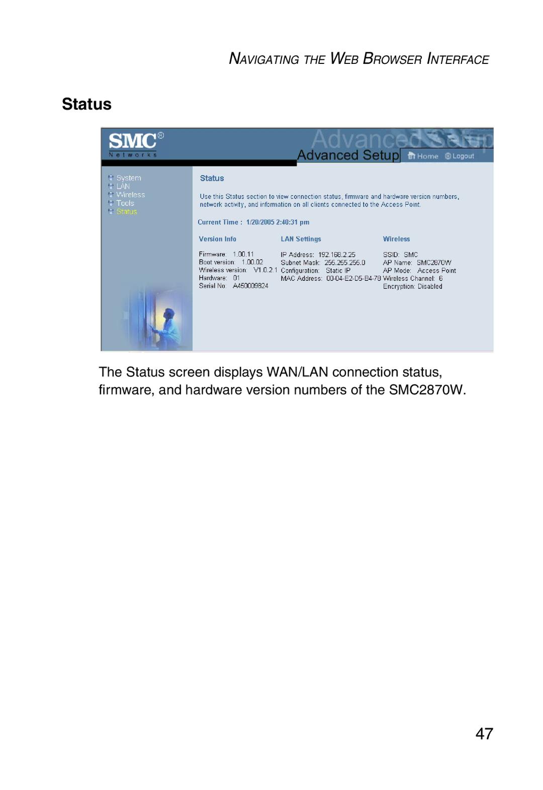 SMC Networks SMC2870W manual Status 