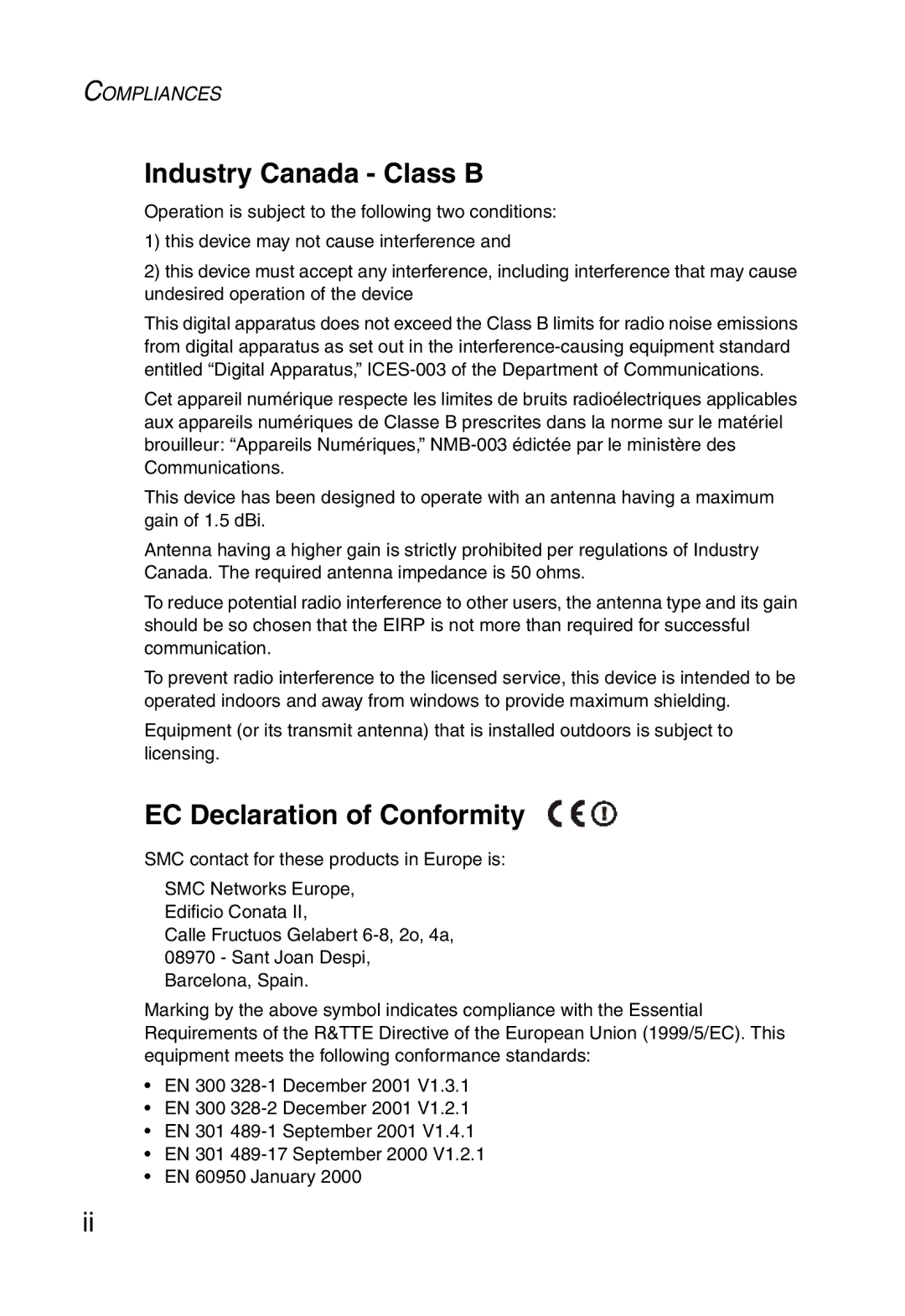 SMC Networks SMC2870W manual Industry Canada Class B, EC Declaration of Conformity 