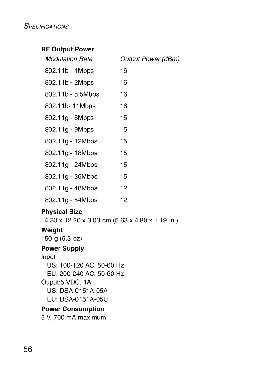 SMC Networks SMC2870W manual Physical Size, Weight, Power Supply, Power Consumption 