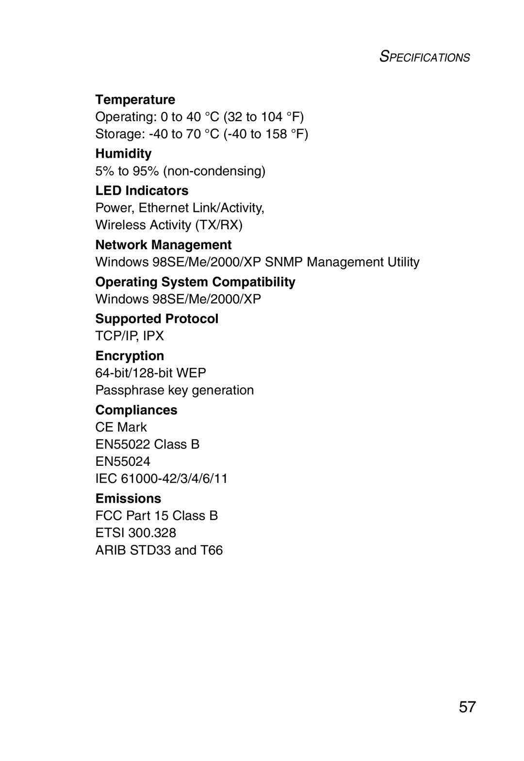 SMC Networks SMC2870W Temperature, Humidity, LED Indicators, Network Management, Operating System Compatibility, Emissions 