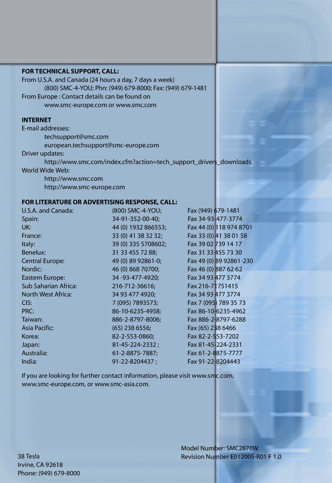 SMC Networks SMC2870W manual For Technical SUPPORT, Call 