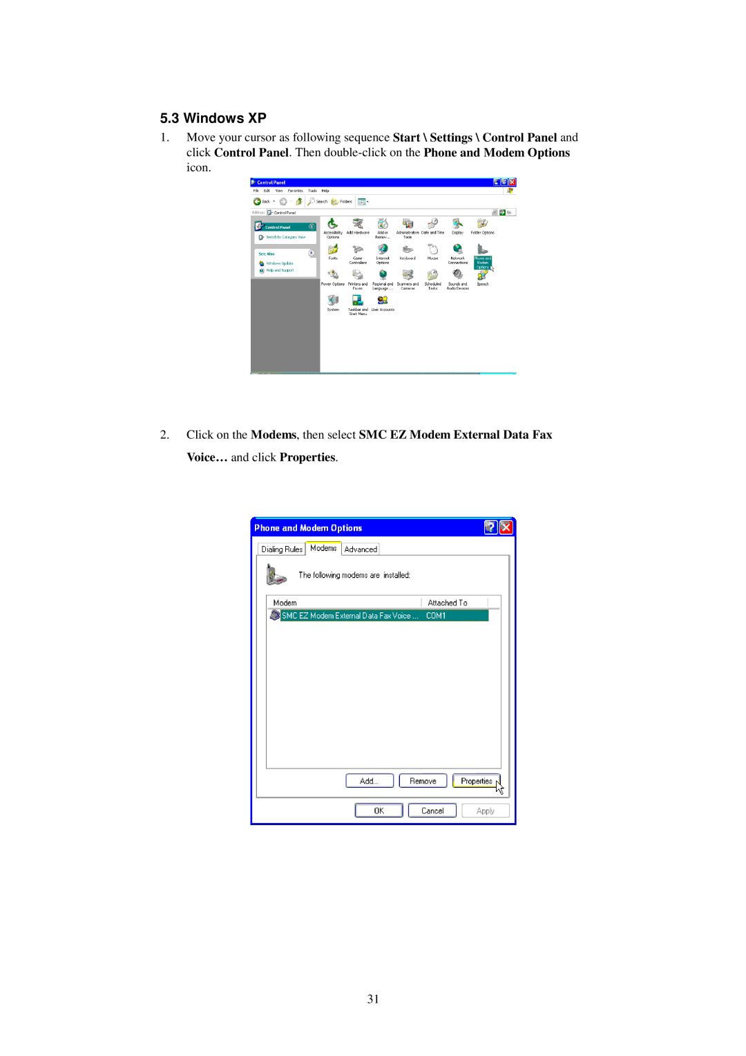 SMC Networks SMC3056EM manual Windows XP 