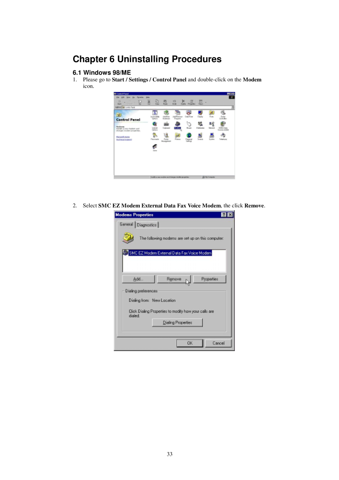 SMC Networks SMC3056EM manual Uninstalling Procedures 