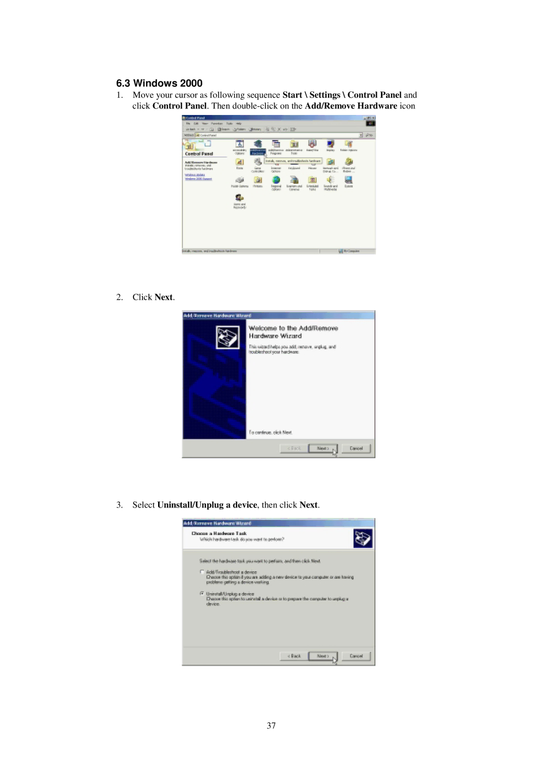 SMC Networks SMC3056EM manual Select Uninstall/Unplug a device, then click Next 