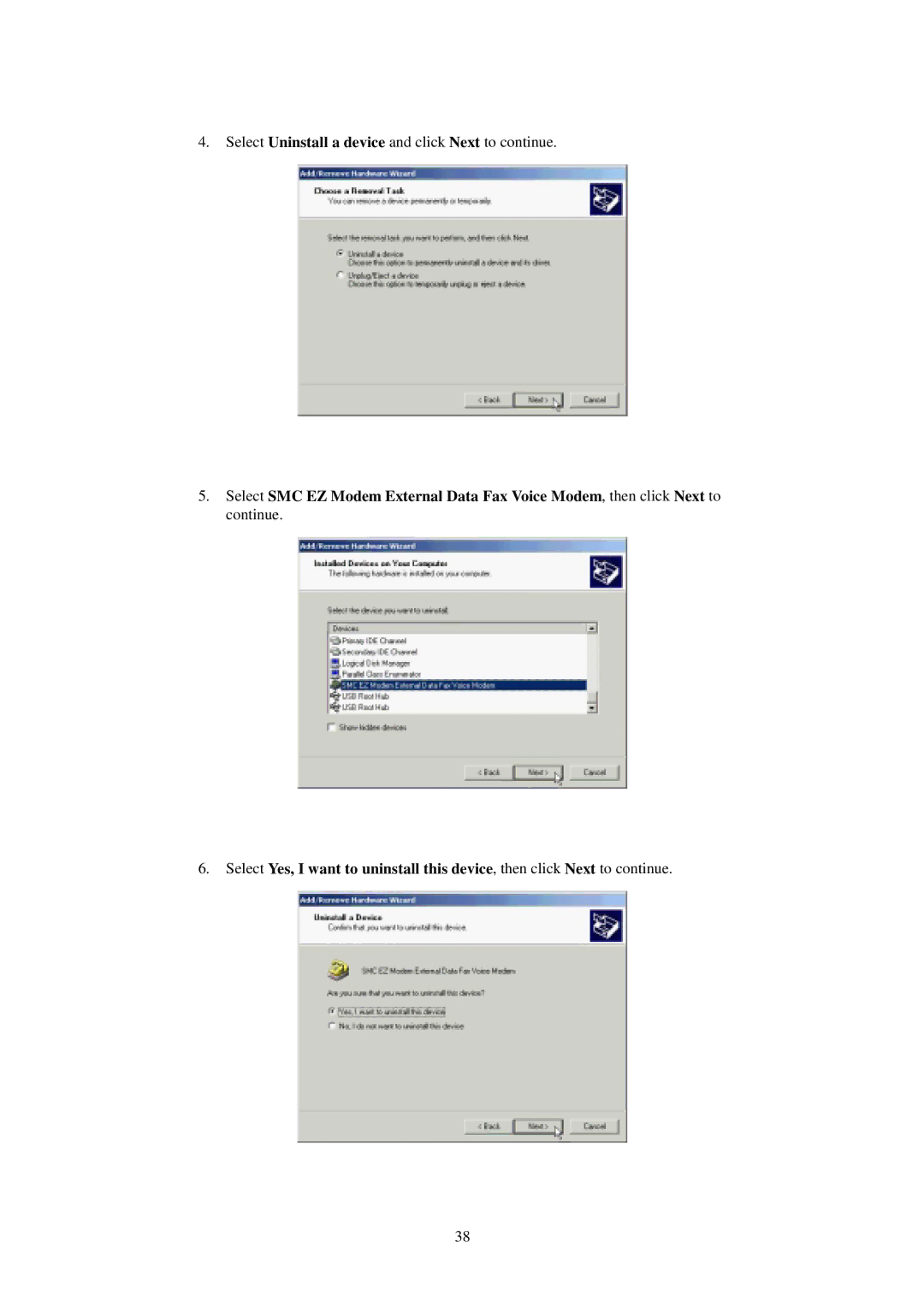 SMC Networks SMC3056EM manual Select Uninstall a device and click Next to continue 