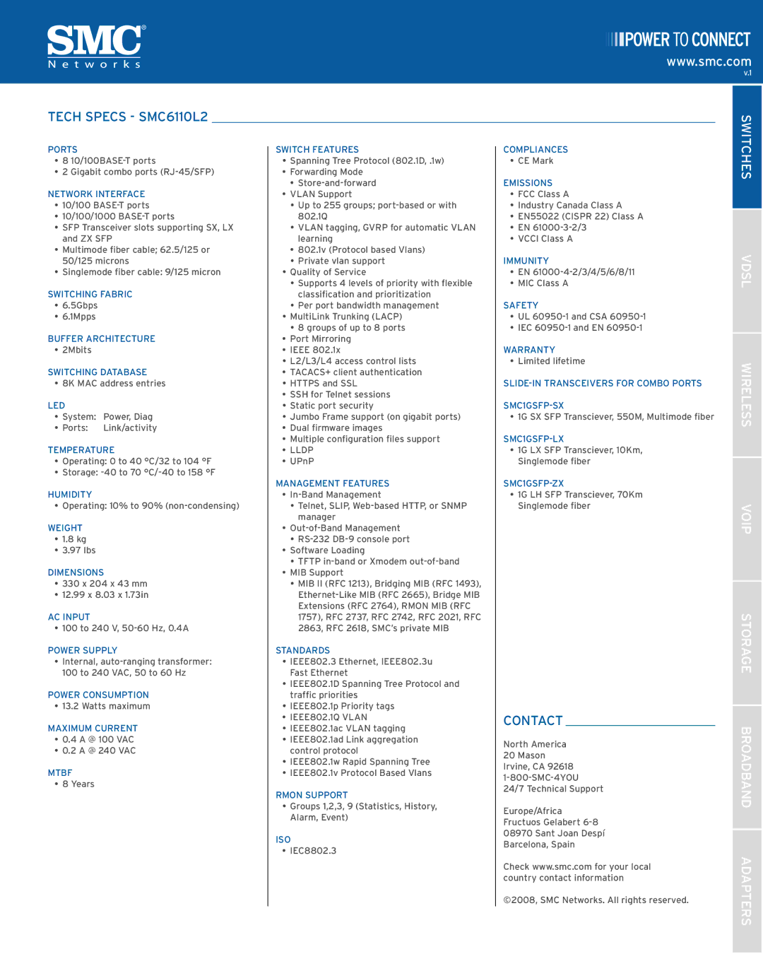 SMC Networks manual Tech Specs SMC6110L2, Contact, Switches Vdsl Wireless Voip Storage Broadband Adapters, Lldp 