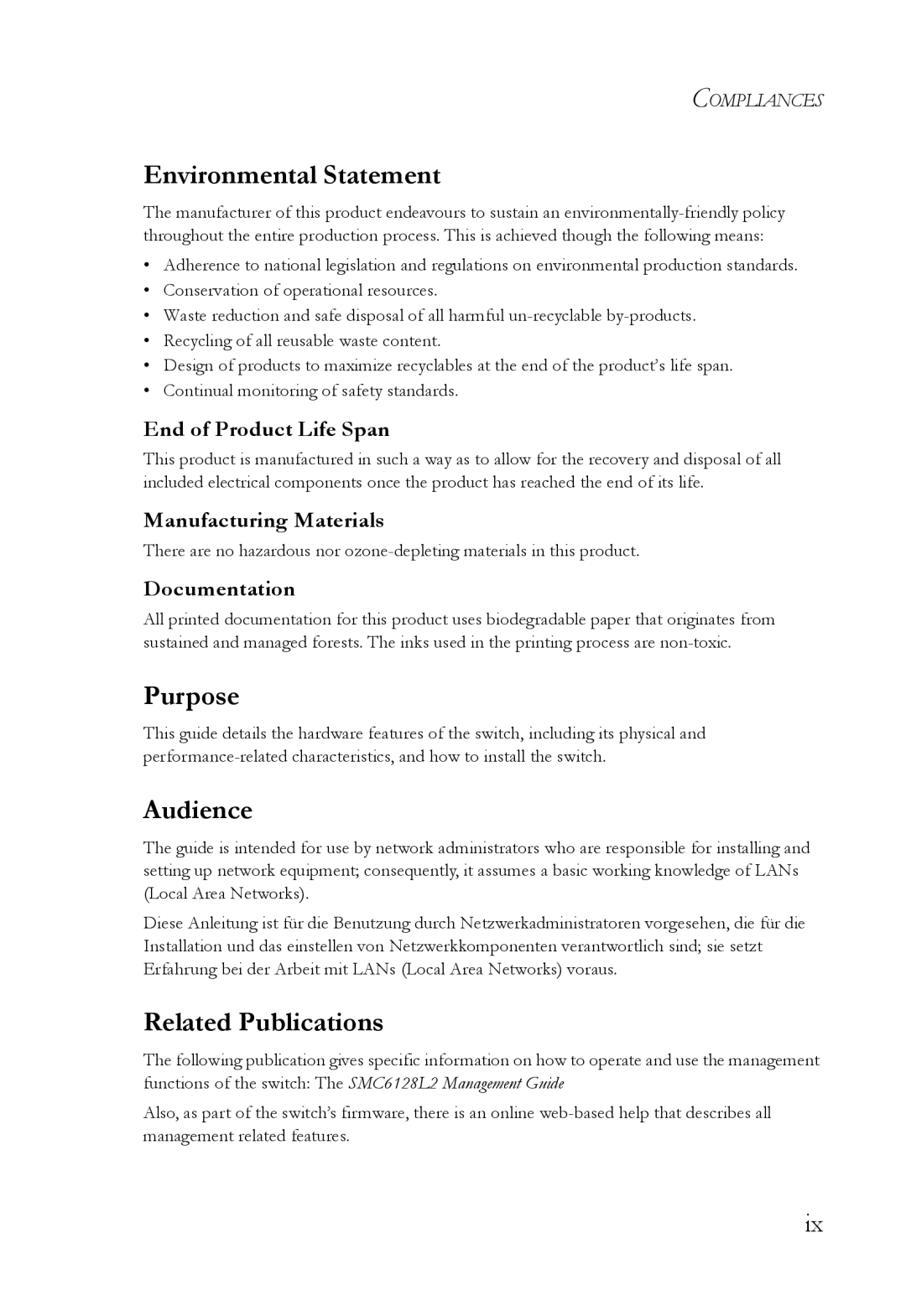 SMC Networks SMC6128L2 manual Environmental Statement, Purpose, Audience, Related Publications 