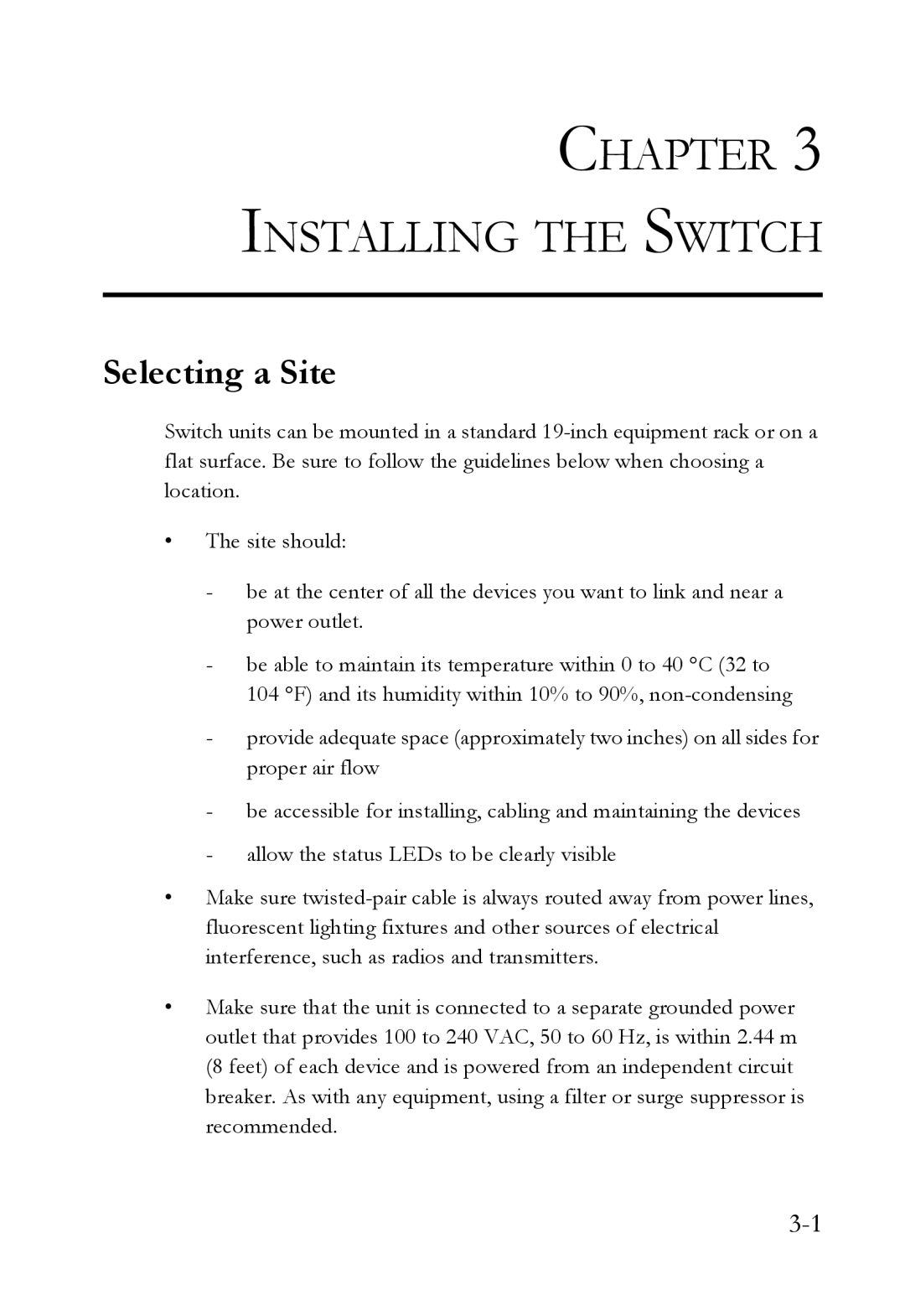 SMC Networks SMC6128L2 manual Installing the Switch, Selecting a Site 