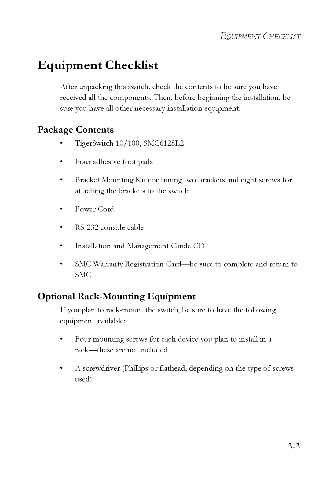 SMC Networks SMC6128L2 manual Equipment Checklist, Package Contents, Optional Rack-Mounting Equipment 