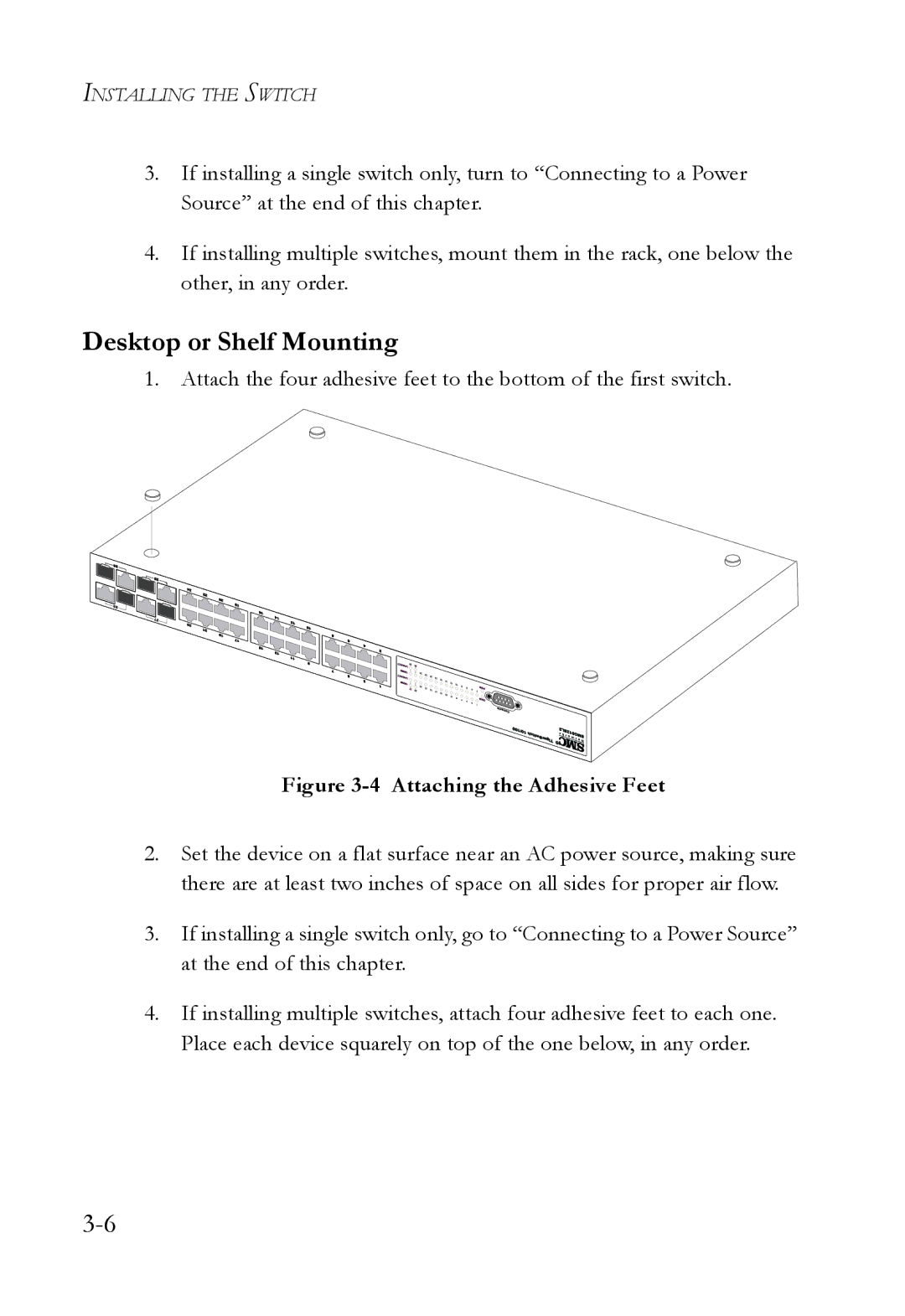 SMC Networks SMC6128L2 manual Desktop or Shelf Mounting, Attaching the Adhesive Feet 