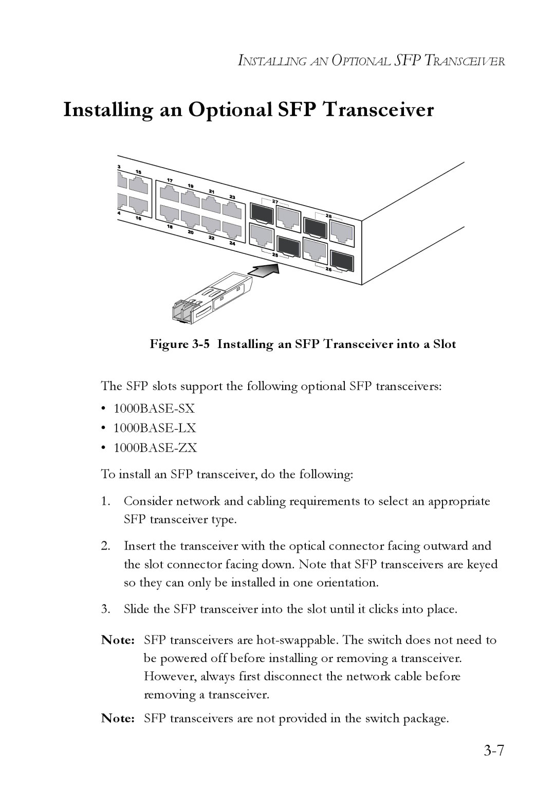 SMC Networks SMC6128L2 manual Installing an Optional SFP Transceiver, Installing an SFP Transceiver into a Slot 