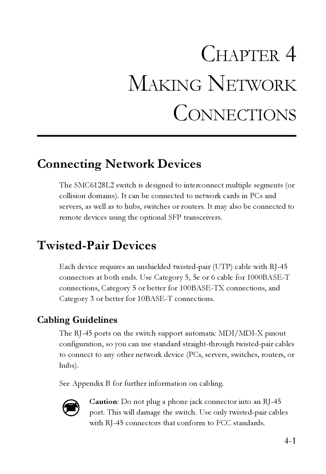 SMC Networks SMC6128L2 manual Chapter Making Network Connections, Connecting Network Devices, Twisted-Pair Devices 