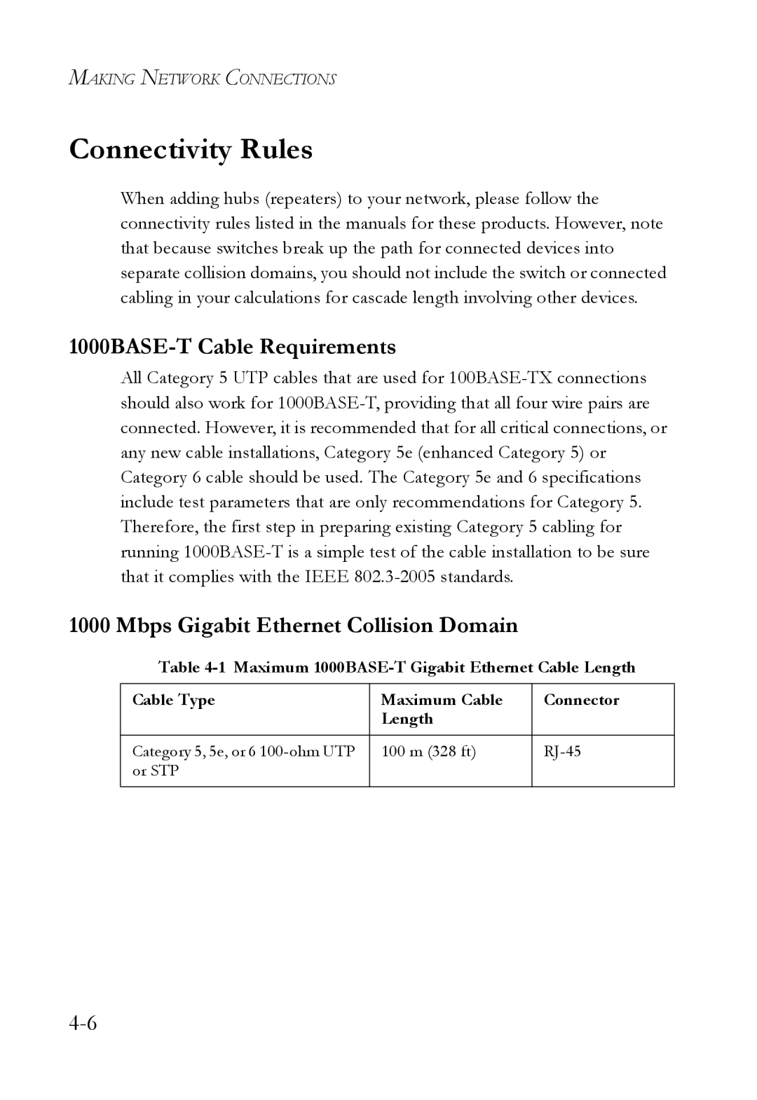 SMC Networks SMC6128L2 manual Connectivity Rules, 1000BASE-T Cable Requirements, Mbps Gigabit Ethernet Collision Domain 