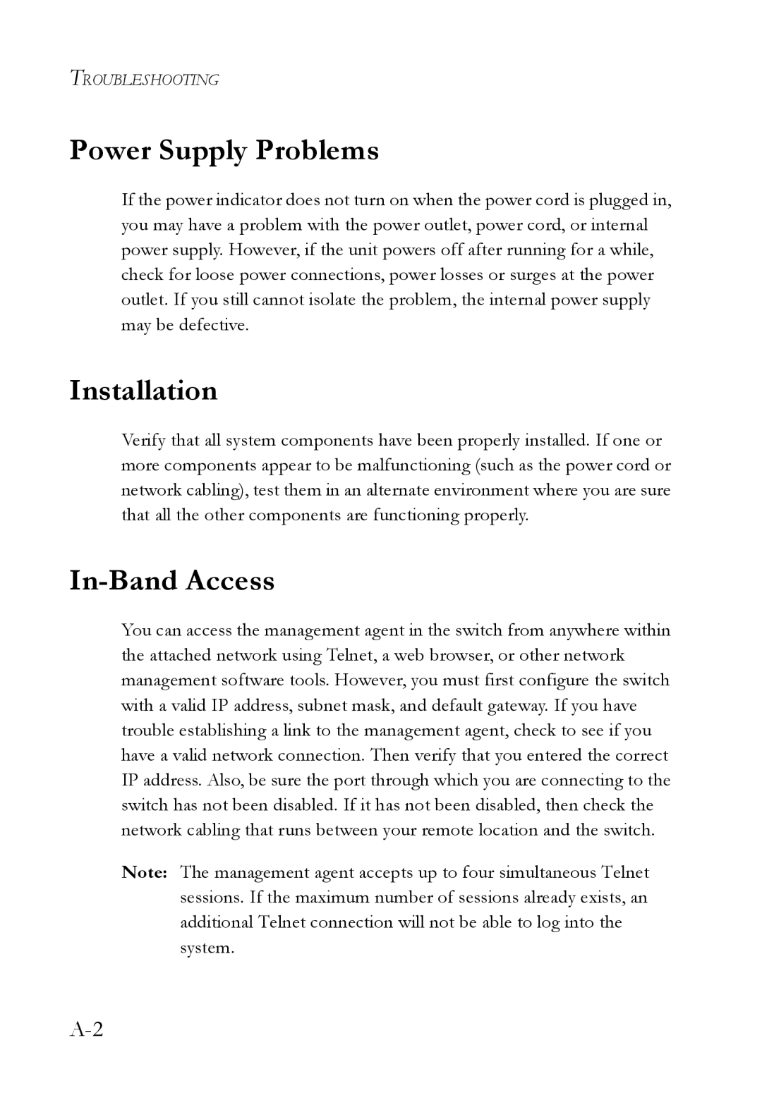 SMC Networks SMC6128L2 manual Power Supply Problems, Installation, In-Band Access 
