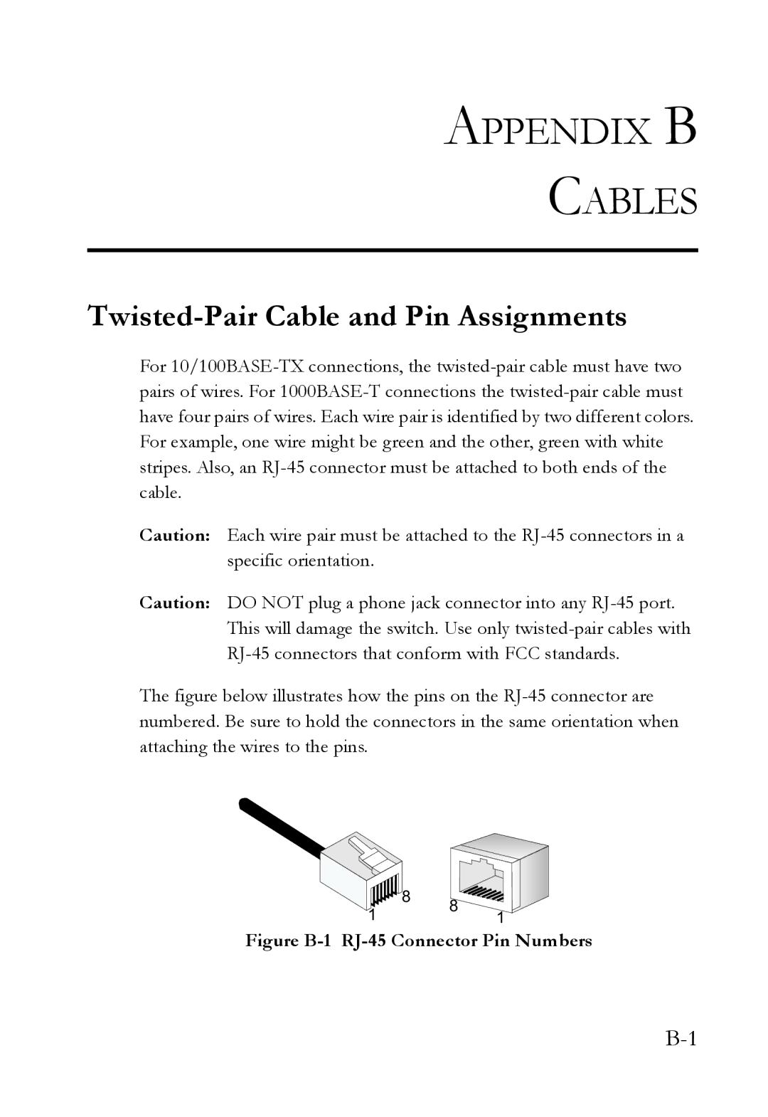 SMC Networks SMC6128L2 manual Appendix B Cables, Twisted-Pair Cable and Pin Assignments 