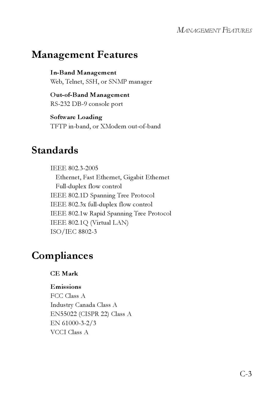 SMC Networks SMC6128L2 manual Management Features, Standards, Compliances 