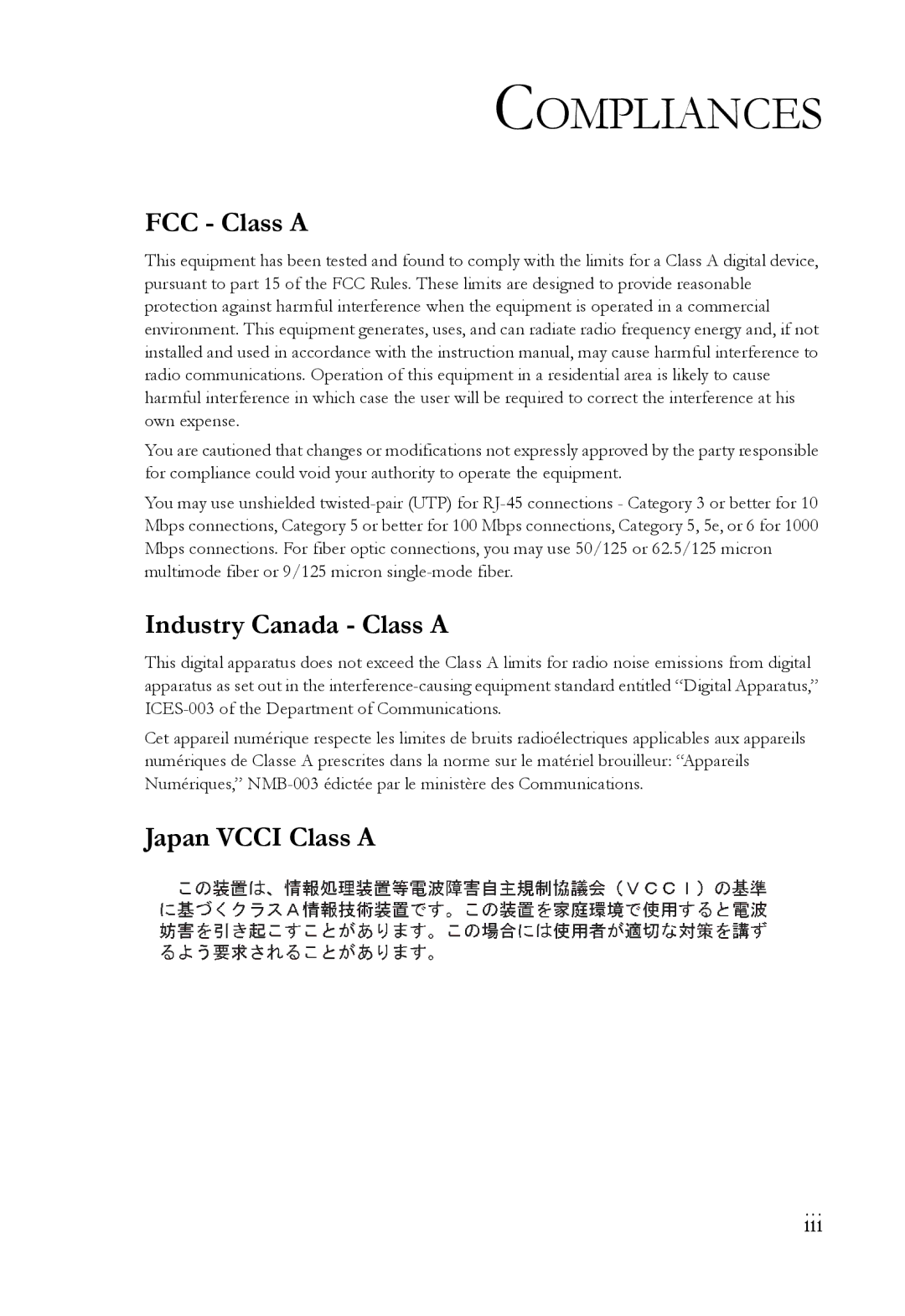 SMC Networks SMC6128L2 manual Compliances, FCC Class a, Industry Canada Class a, Japan Vcci Class a, Iii 