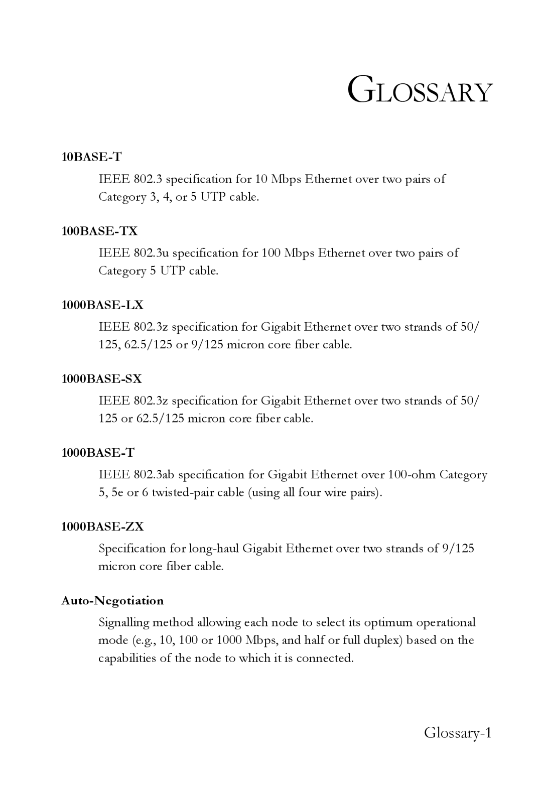 SMC Networks SMC6128L2 manual Glossary-1, 1000BASE-T, Auto-Negotiation 