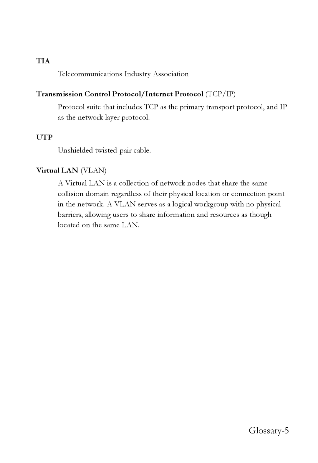 SMC Networks SMC6128L2 manual Glossary-5, Transmission Control Protocol/Internet Protocol TCP/IP, Virtual LAN Vlan 