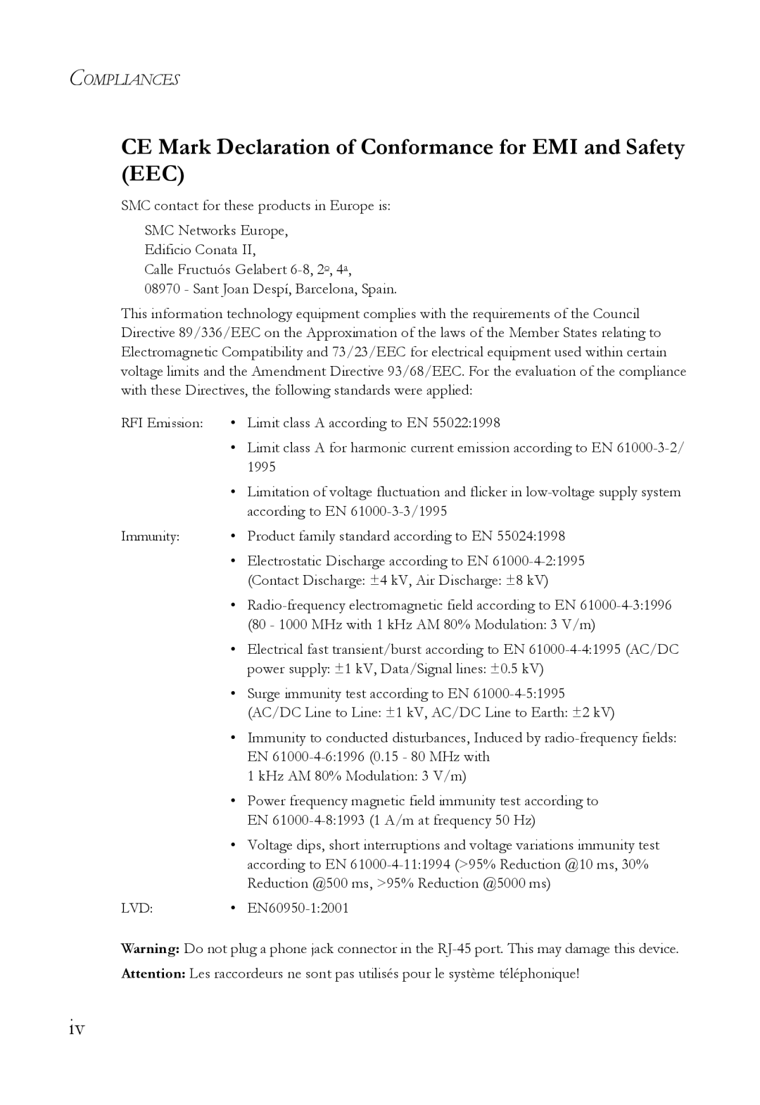 SMC Networks SMC6128L2 manual CE Mark Declaration of Conformance for EMI and Safety EEC 