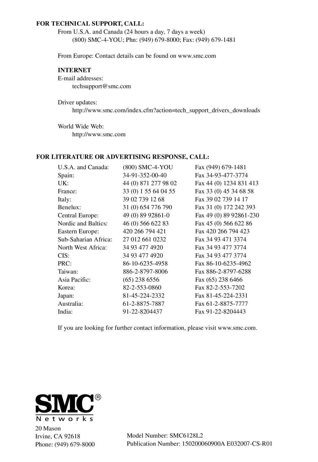 SMC Networks SMC6128L2 manual For Technical SUPPORT, Call 