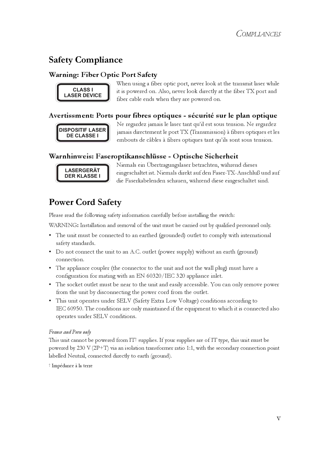 SMC Networks SMC6128L2 manual Safety Compliance, Power Cord Safety, Warnhinweis Faseroptikanschlüsse Optische Sicherheit 