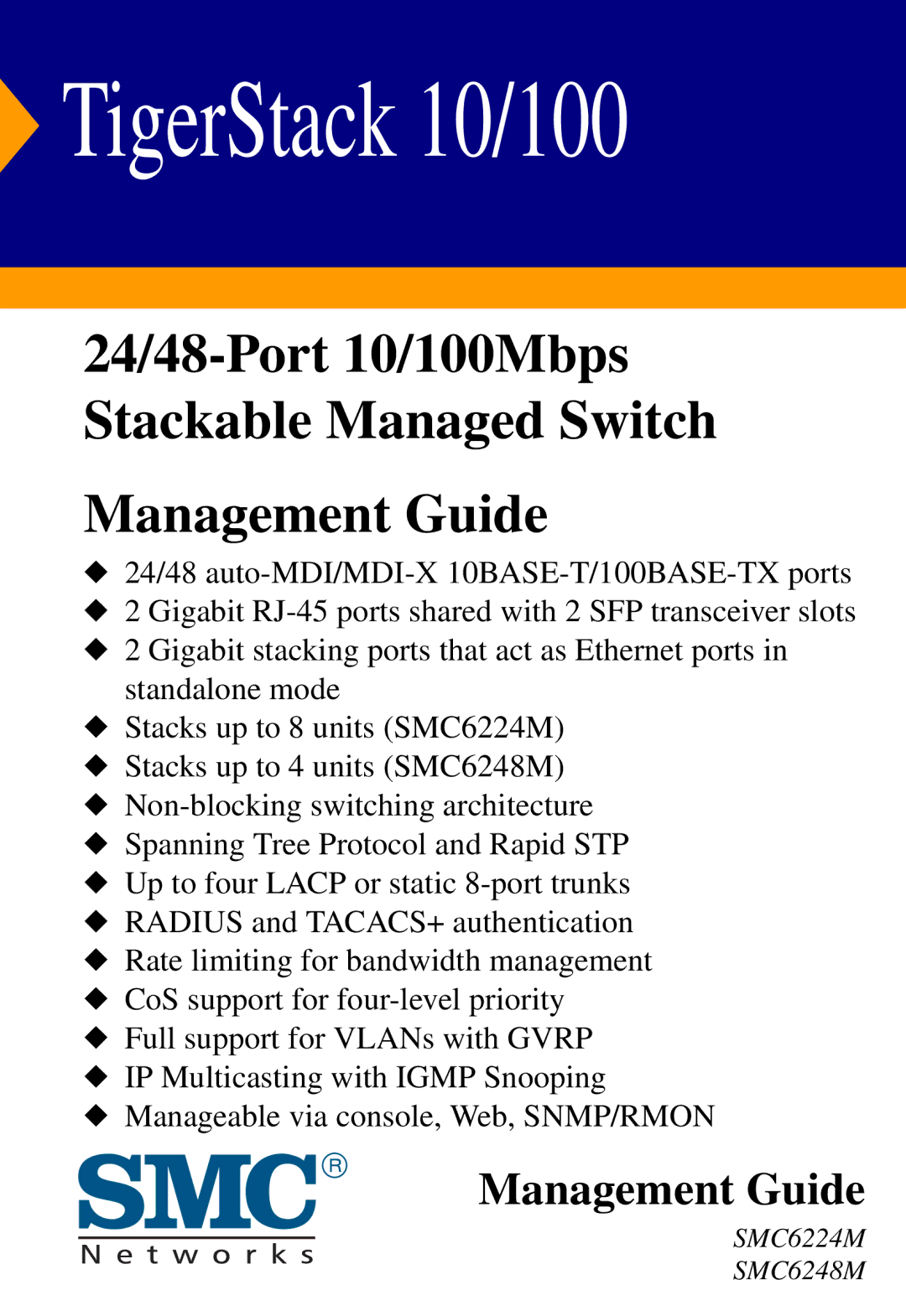 SMC Networks SMC6224M manual TigerStack 10/100 