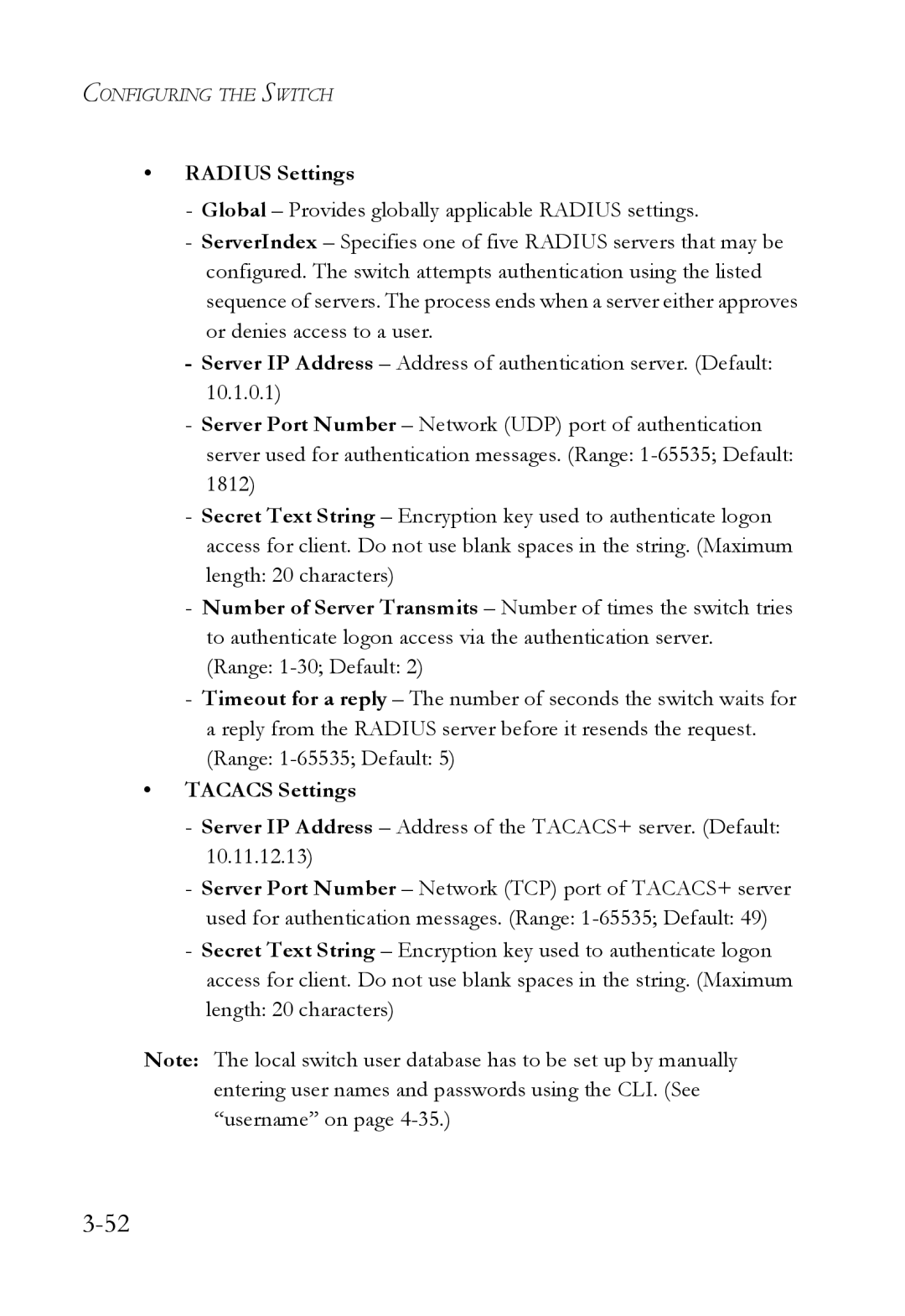 SMC Networks SMC6224M manual Radius Settings, Tacacs Settings 