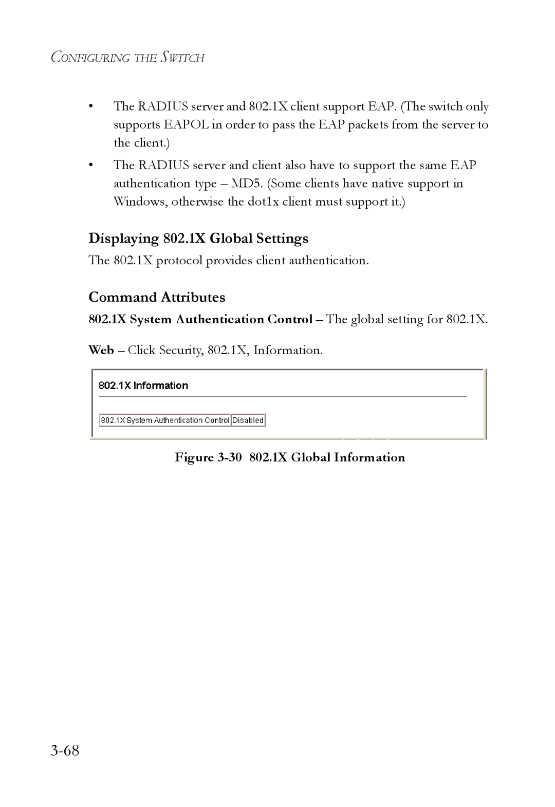 SMC Networks SMC6224M manual Displaying 802.1X Global Settings, 802.1X protocol provides client authentication 