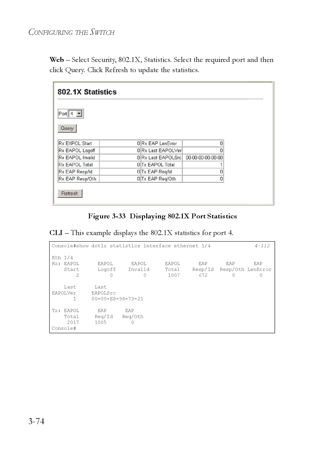 SMC Networks SMC6224M manual Displaying 802.1X Port Statistics, CLI This example displays the 802.1X statistics for port 