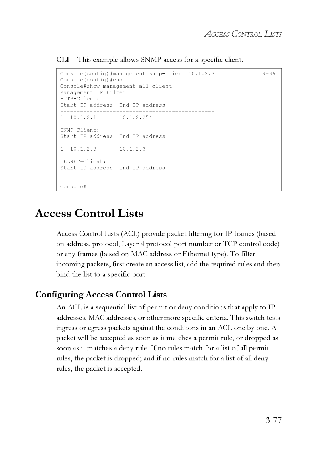 SMC Networks SMC6224M Configuring Access Control Lists, CLI This example allows Snmp access for a specific client 