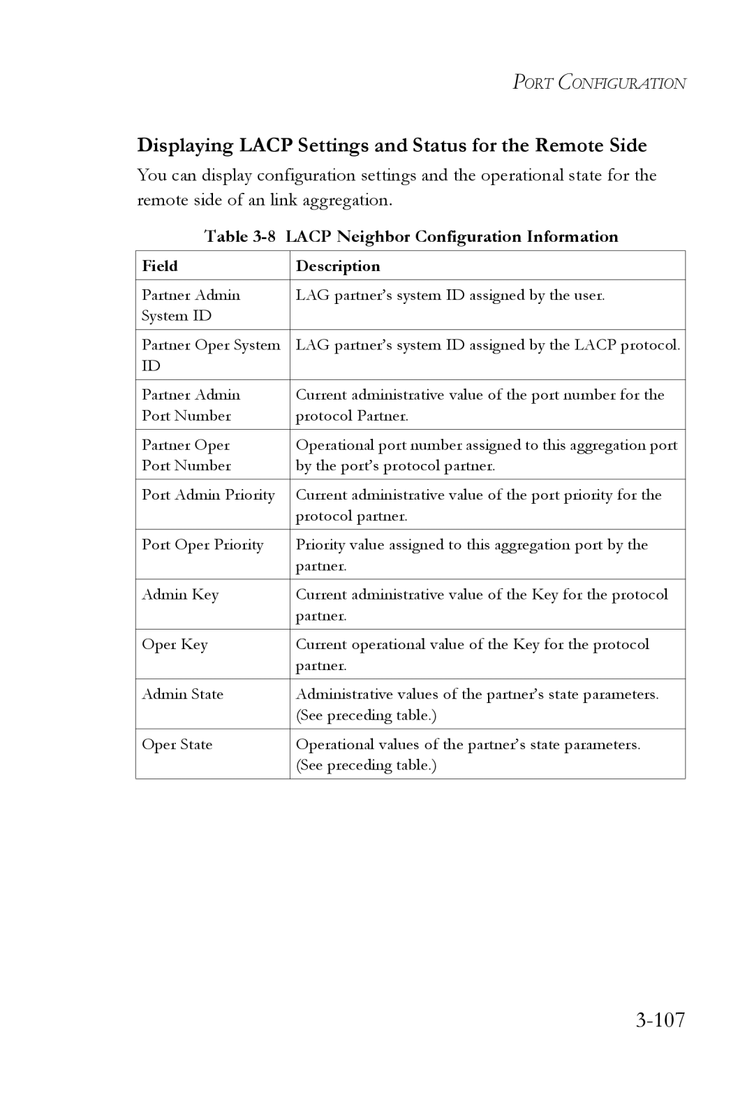 SMC Networks SMC6224M manual 107, Displaying Lacp Settings and Status for the Remote Side 