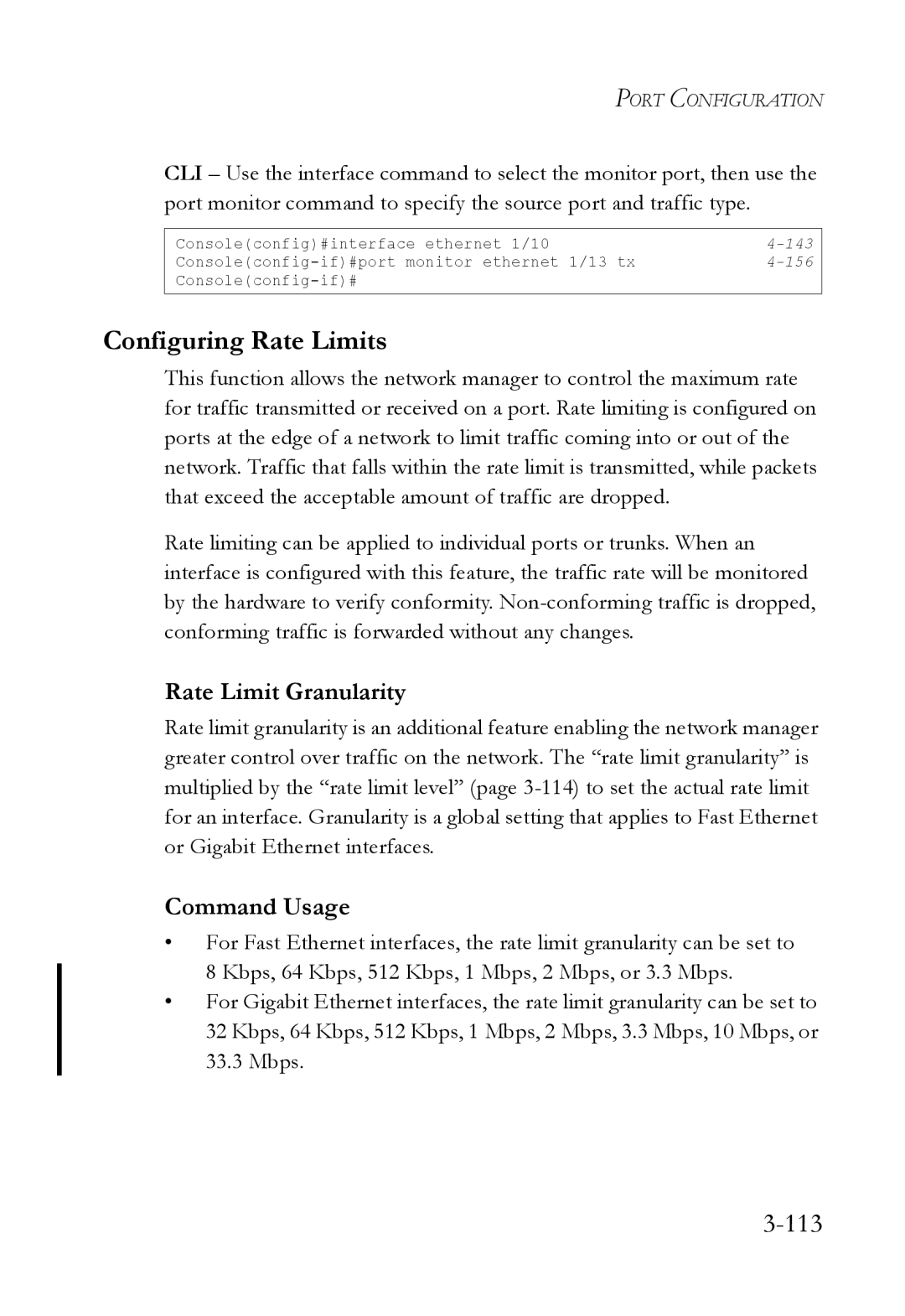 SMC Networks SMC6224M manual Configuring Rate Limits, 113, Rate Limit Granularity 