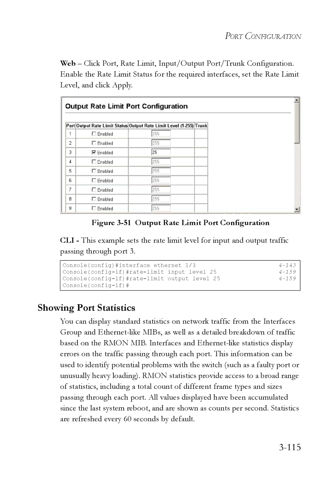 SMC Networks SMC6224M manual Showing Port Statistics, 115 