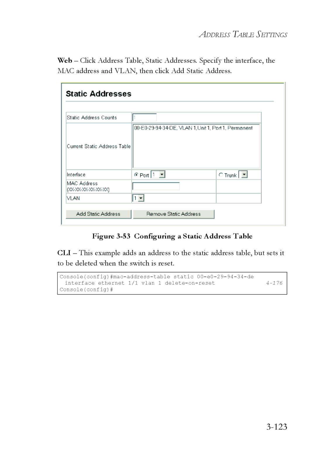 SMC Networks SMC6224M manual 123, Configuring a Static Address Table 