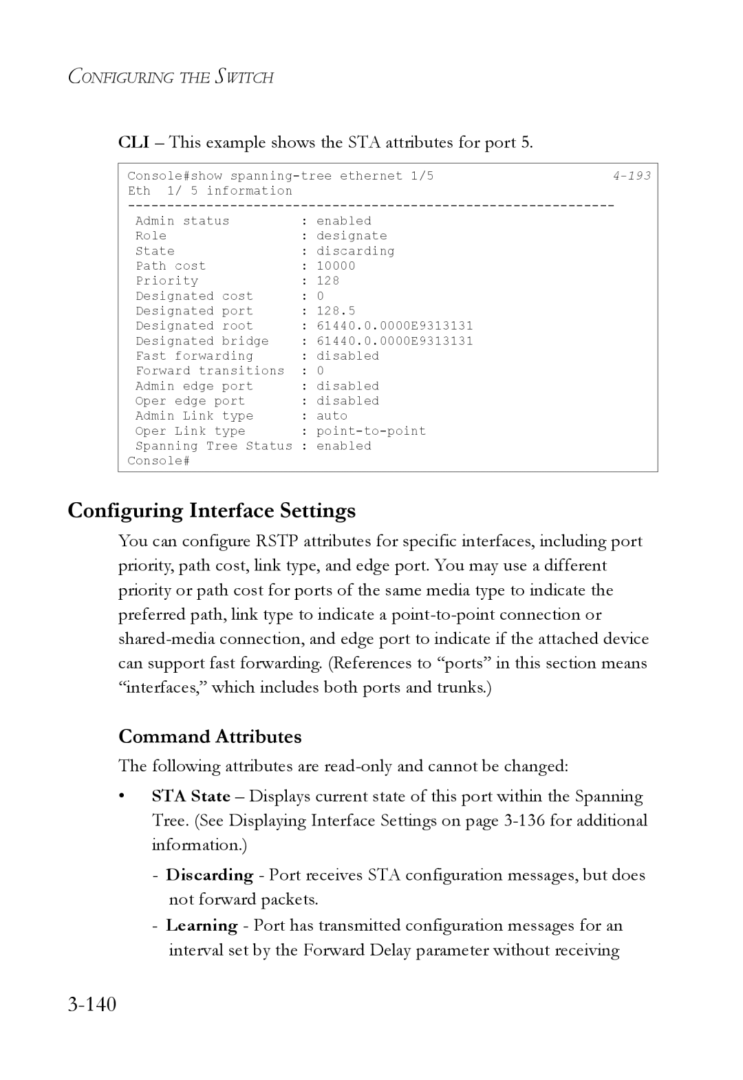 SMC Networks SMC6224M manual Configuring Interface Settings, 140, CLI This example shows the STA attributes for port 