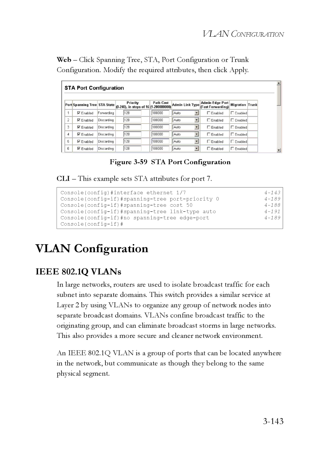 SMC Networks SMC6224M manual Vlan Configuration, Ieee 802.1Q VLANs, 143, CLI This example sets STA attributes for port 