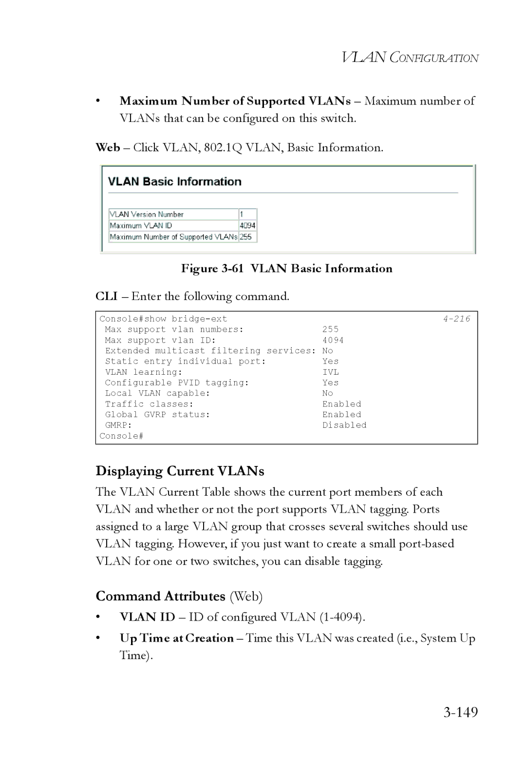 SMC Networks SMC6224M manual 149, Displaying Current VLANs, Command Attributes Web 