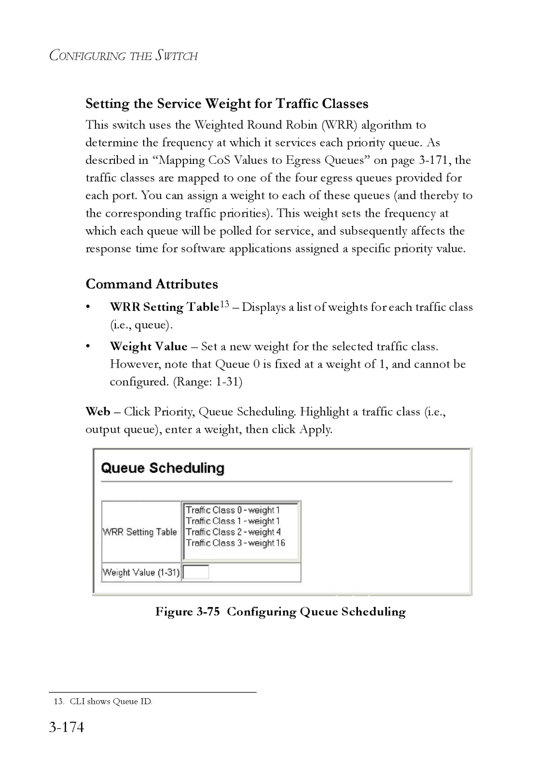 SMC Networks SMC6224M manual 174, Setting the Service Weight for Traffic Classes 