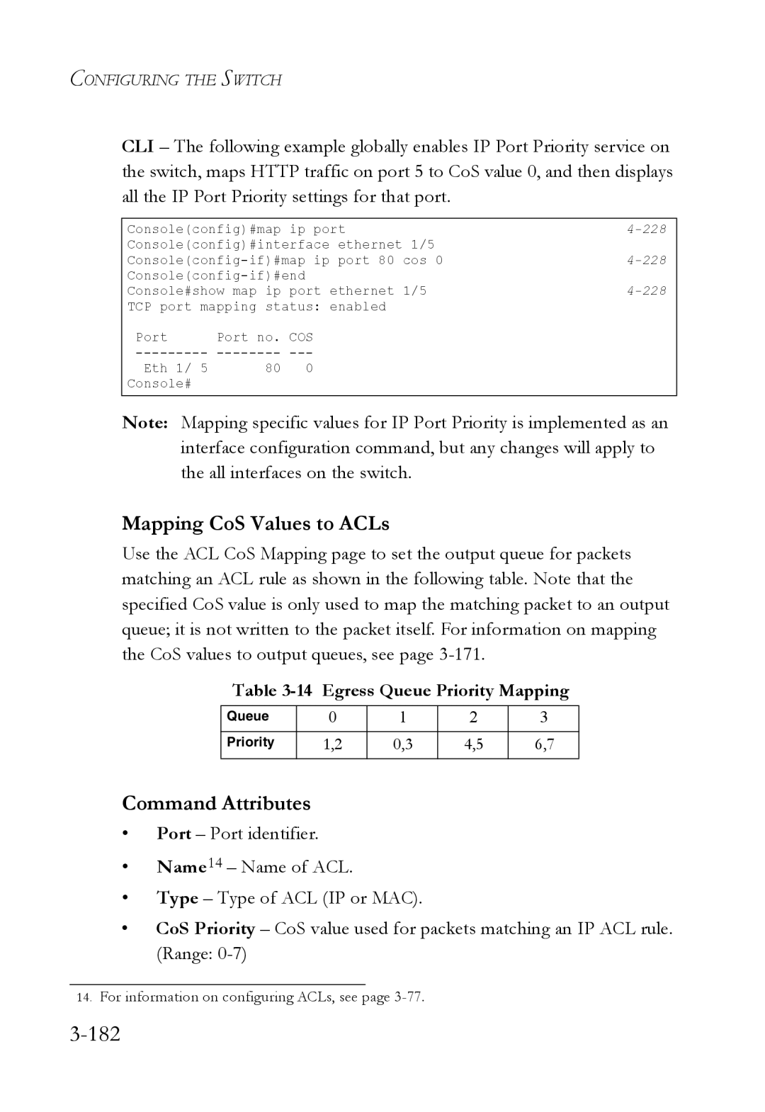 SMC Networks SMC6224M manual 182, Mapping CoS Values to ACLs, Egress Queue Priority Mapping 