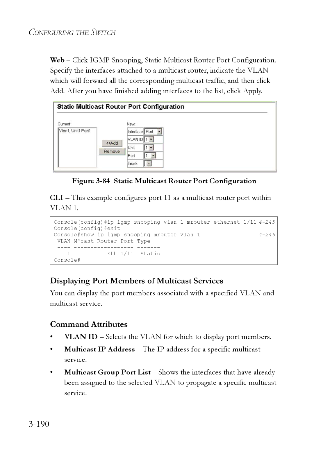 SMC Networks SMC6224M manual 190, Displaying Port Members of Multicast Services 