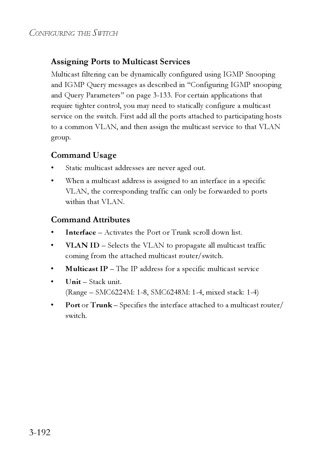 SMC Networks SMC6224M manual 192, Assigning Ports to Multicast Services 