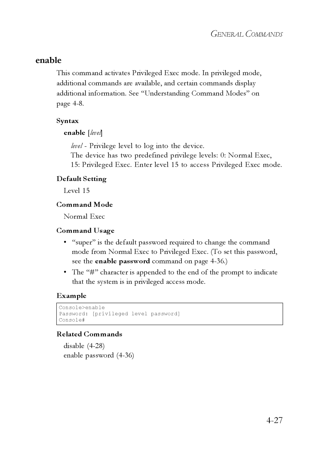 SMC Networks SMC6224M manual Syntax enable level, Level, Normal Exec, Disable Enable password 