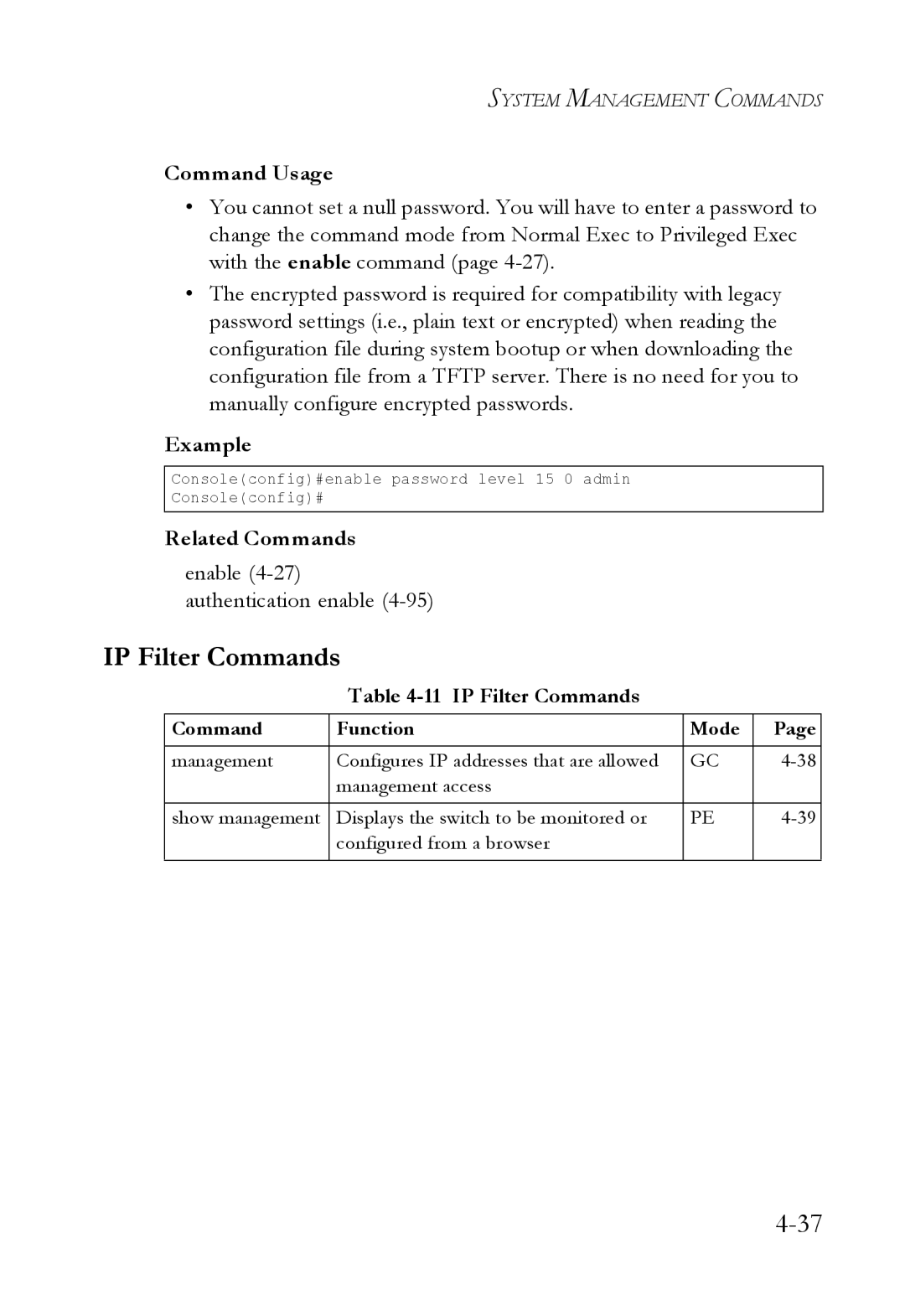 SMC Networks SMC6224M manual IP Filter Commands, Enable 4-27 authentication enable 