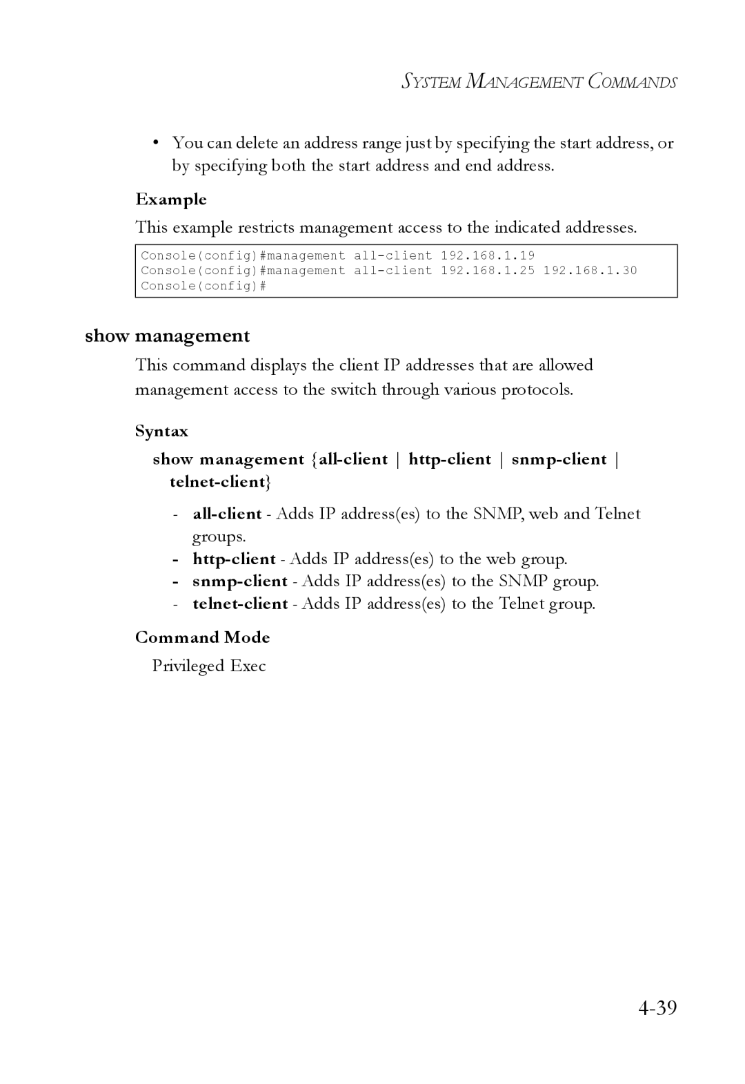 SMC Networks SMC6224M manual Show management, Privileged Exec 