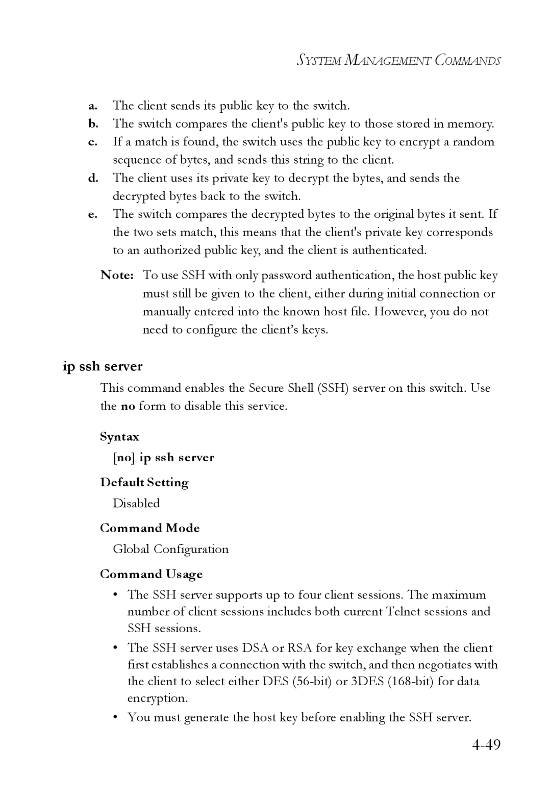 SMC Networks SMC6224M manual Ip ssh server, Syntax No ip ssh server Default Setting, Disabled 